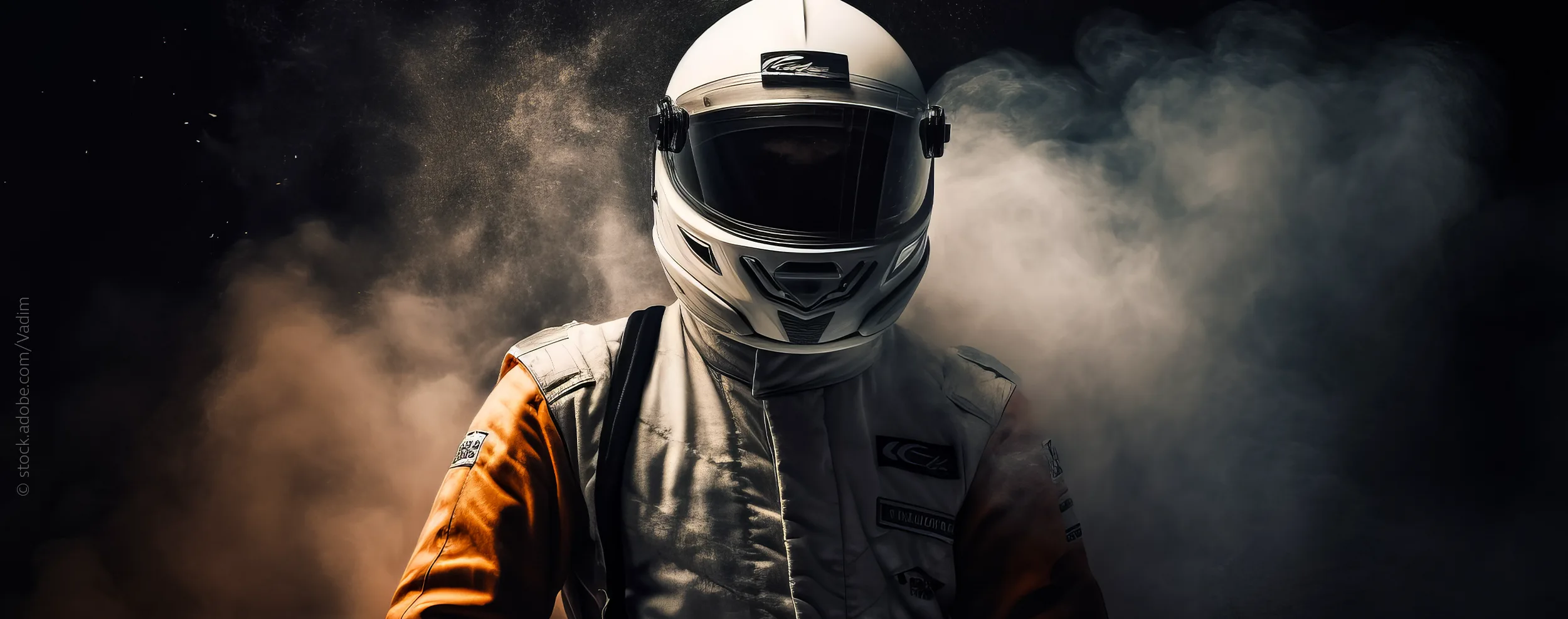 Mann mit Helm in Fahrerkleidung